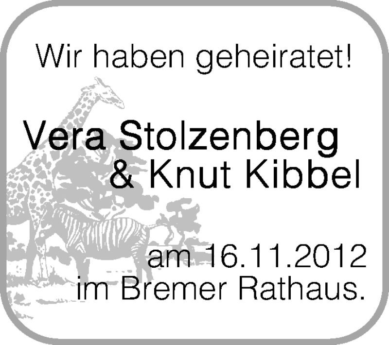 Hochzeitsanzeige von Vera Stolzenberg von WESER-KURIER