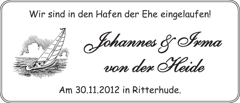 Hochzeitsanzeige von Johannes von der Heide von WESER-KURIER