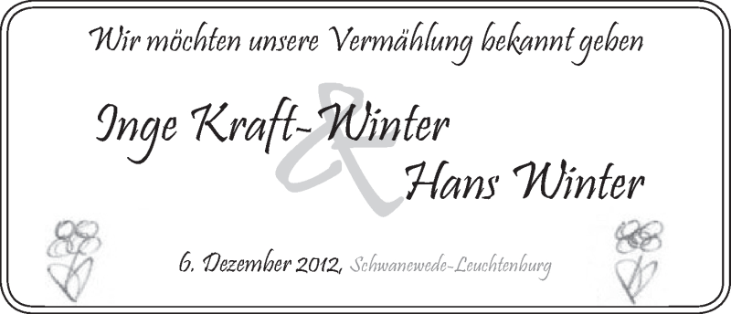Hochzeitsanzeige von Inge Kraft-Winter von WESER-KURIER