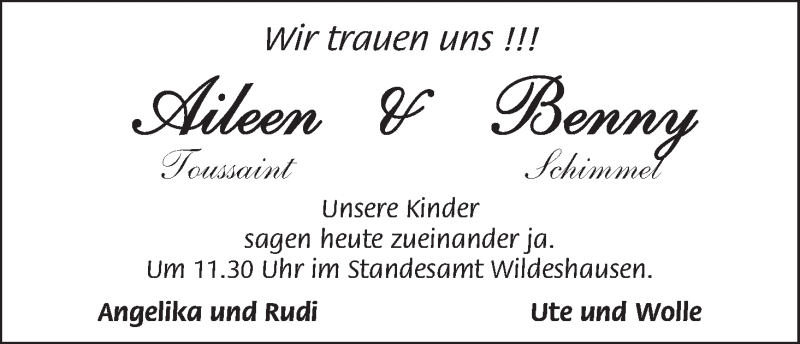 Hochzeitsanzeige von Aileen Toussaint von WESER-KURIER