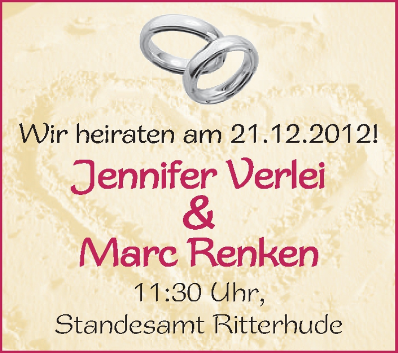 Hochzeitsanzeige von Jennifer Verlei von WESER-KURIER