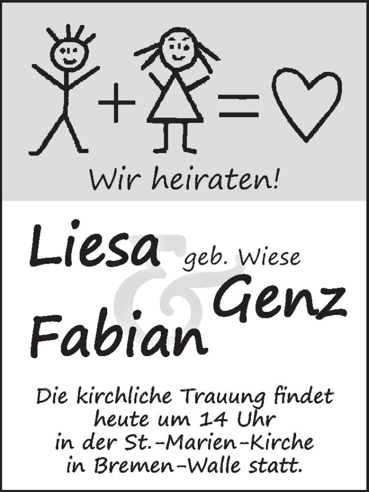 Hochzeitsanzeige von Liesa Genz von WESER-KURIER