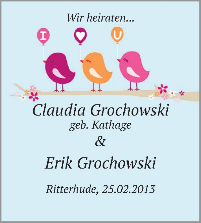 Hochzeitsanzeige von Claudia Grochowski von WESER-KURIER