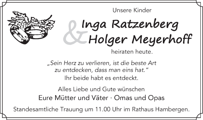 Hochzeitsanzeige von Inga Ratzenberg von WESER-KURIER