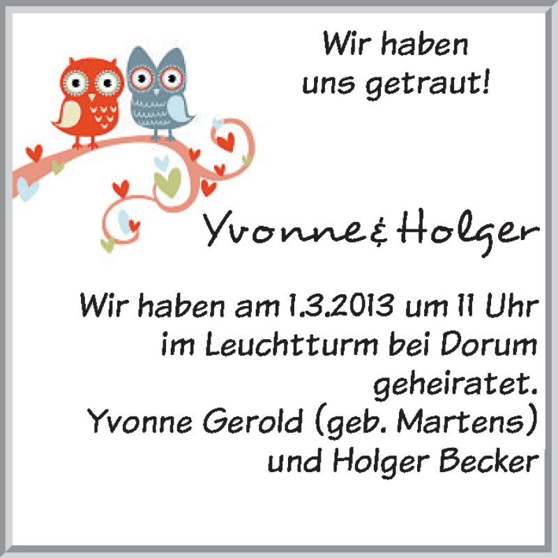 Hochzeitsanzeige von Yvonne Gerold von WESER-KURIER