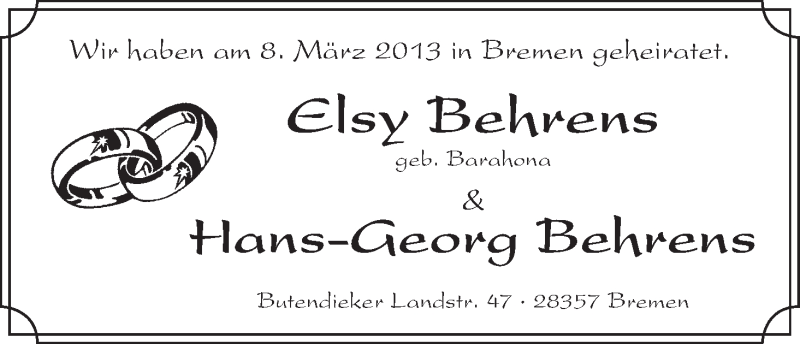 Hochzeitsanzeige von Elsy Behrens von WESER-KURIER
