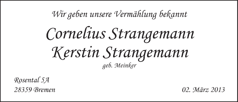 Hochzeitsanzeige von Cornelius Strangemann von WESER-KURIER
