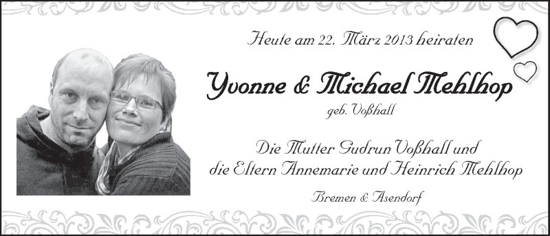 Hochzeitsanzeige von Yvonne Mehlhop von WESER-KURIER