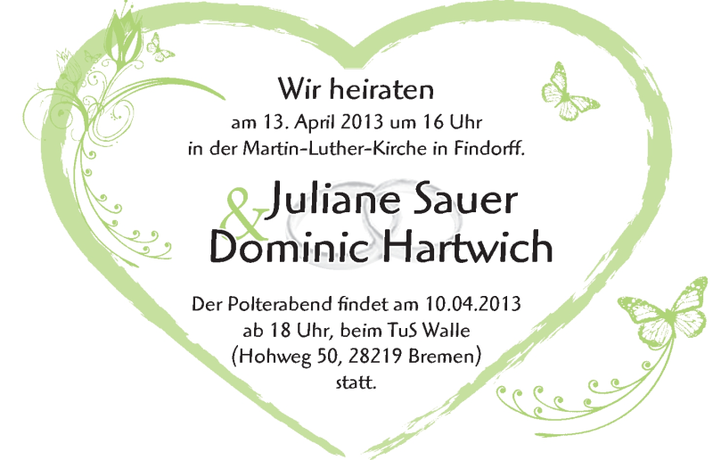 Hochzeitsanzeige von Juliane Sauer von WESER-KURIER