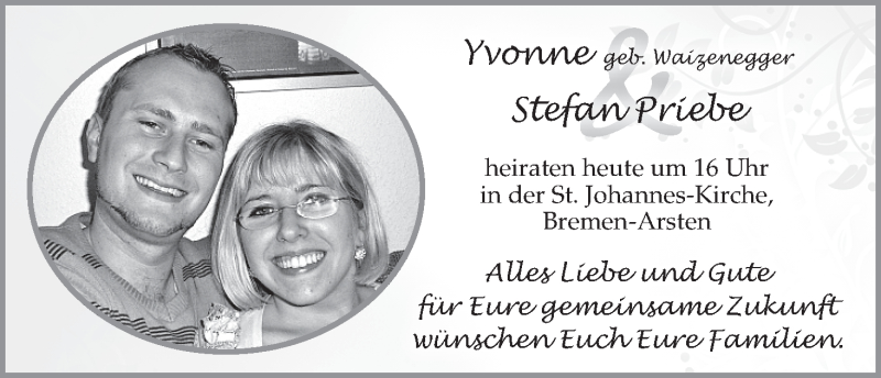 Hochzeitsanzeige von Yvonne Waizenegger von WESER-KURIER