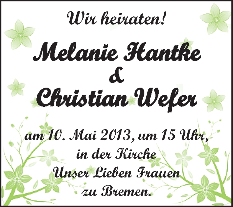 Hochzeitsanzeige von Melanie Hantke von WESER-KURIER