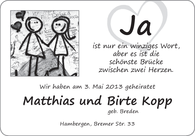 Hochzeitsanzeige von Matthias Kopp von WESER-KURIER