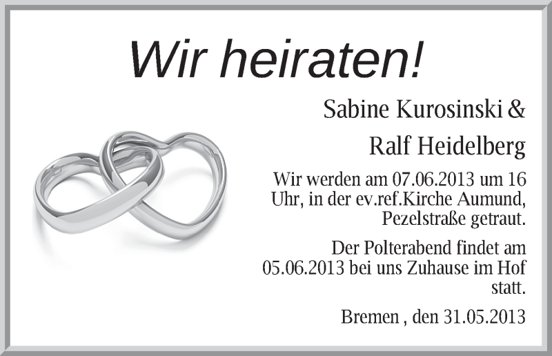 Hochzeitsanzeige von Sabine Kurosinski von WESER-KURIER