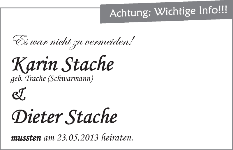Hochzeitsanzeige von Karin Stache von WESER-KURIER