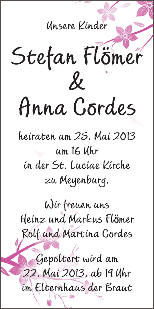 Hochzeitsanzeige von Anna Cordes von WESER-KURIER