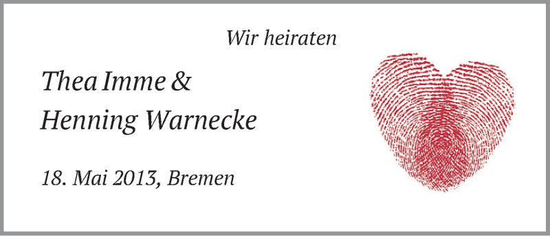 Hochzeitsanzeige von Thea Imme von WESER-KURIER