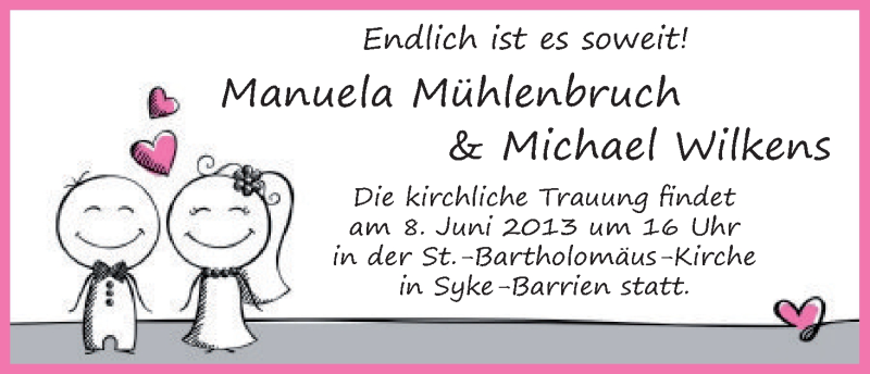 Hochzeitsanzeige von Manuela Mühlenbruch von WESER-KURIER