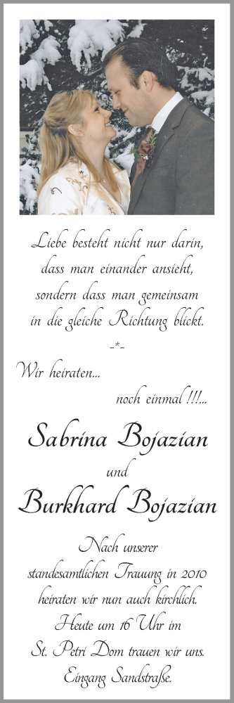 Hochzeitsanzeige von Sabrina Bojazian von WESER-KURIER