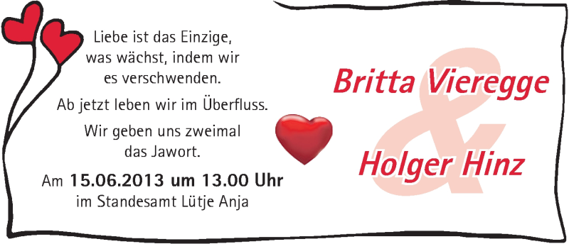 Hochzeitsanzeige von Britta Vieregge von WESER-KURIER