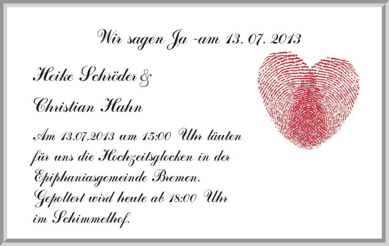 Hochzeitsanzeige von Heike Schröder von WESER-KURIER