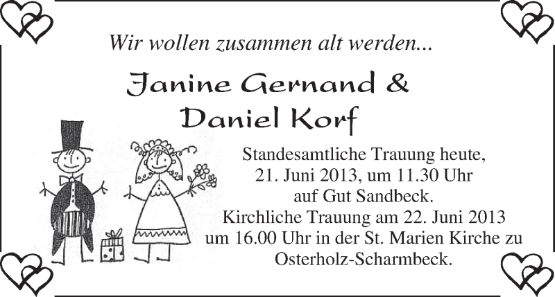 Hochzeitsanzeige von Janine Gernand von WESER-KURIER