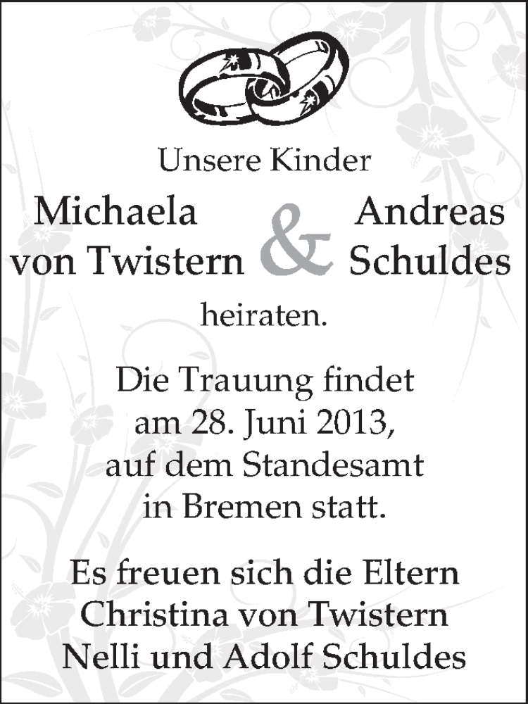 Hochzeitsanzeige von Michaela von Twistern von WESER-KURIER