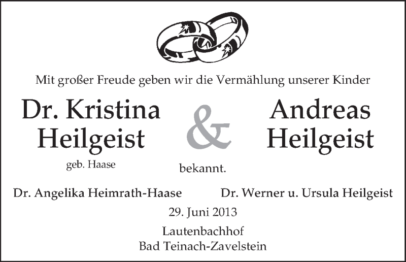 Hochzeitsanzeige von Kristina Heilgeist von WESER-KURIER