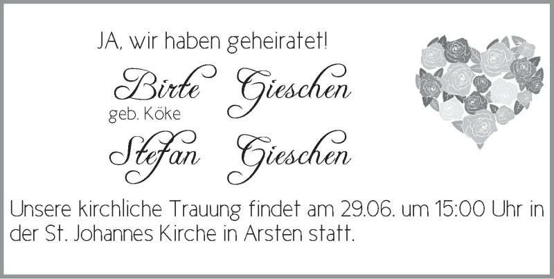 Hochzeitsanzeige von Birte Gieschen von WESER-KURIER