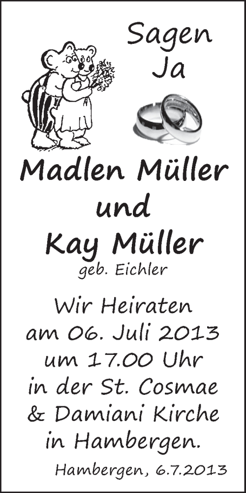 Hochzeitsanzeige von Madlen Müller von WESER-KURIER