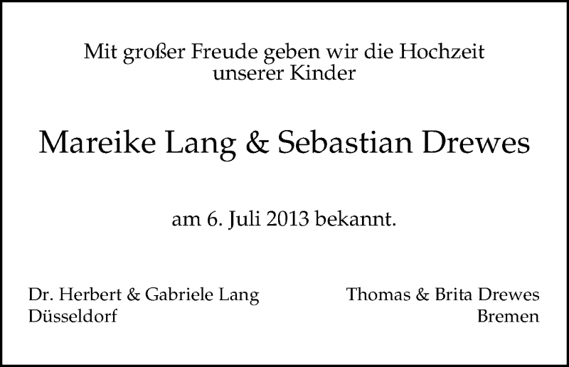 Hochzeitsanzeige von Mareike Lang von WESER-KURIER