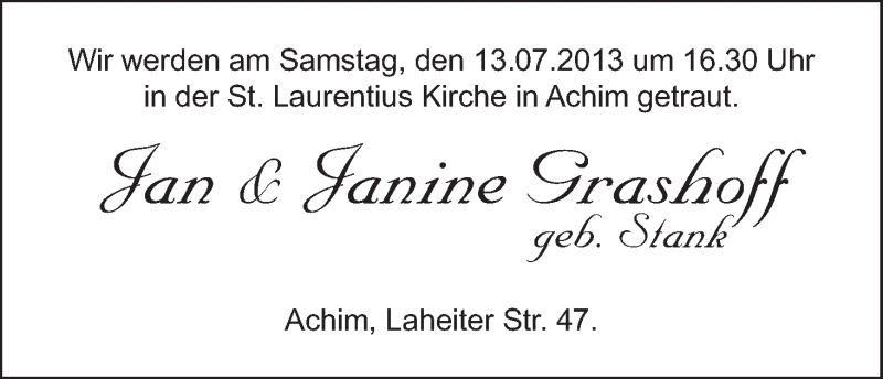 Hochzeitsanzeige von Jan Grashoff von WESER-KURIER
