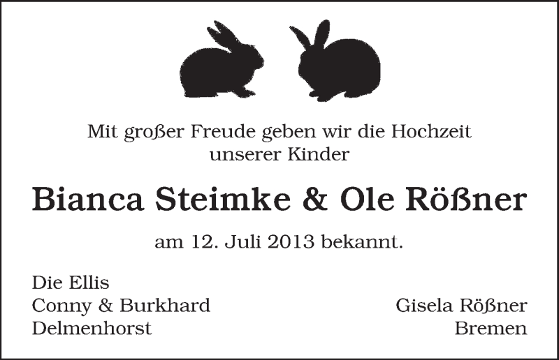 Hochzeitsanzeige von Bianca Steimke von WESER-KURIER