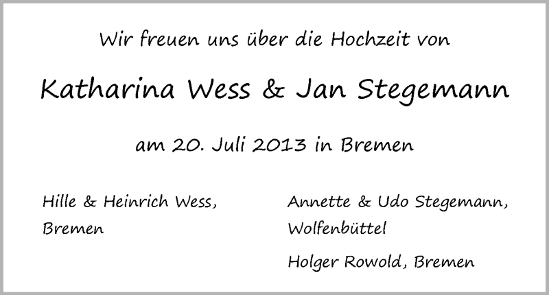 Hochzeitsanzeige von Katharina Wess von WESER-KURIER