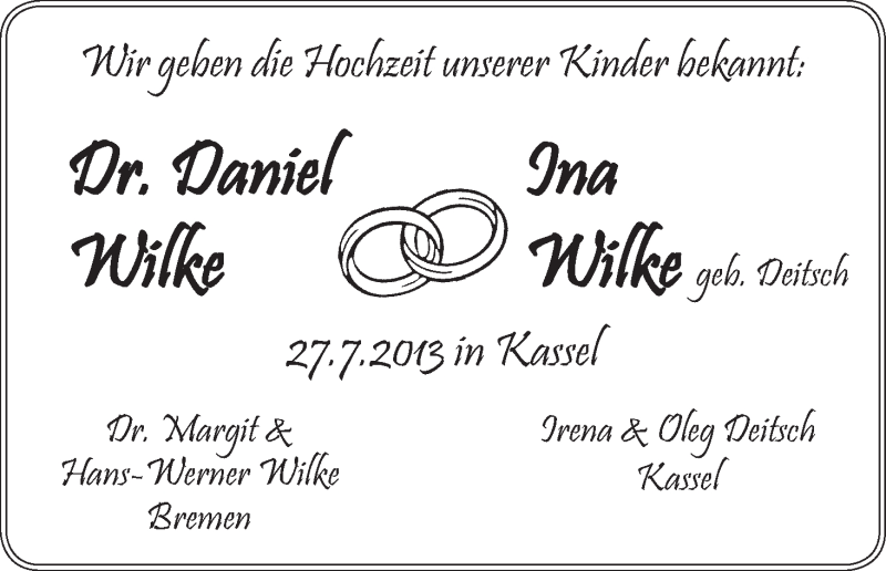 Hochzeitsanzeige von Daniel Wilke von WESER-KURIER
