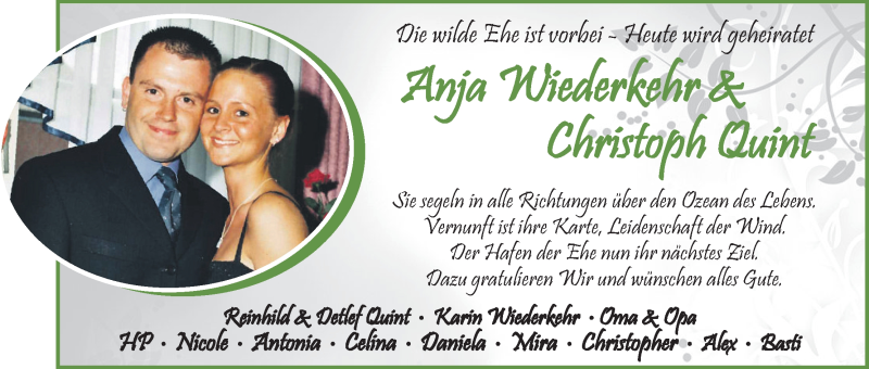 Hochzeitsanzeige von Anja Wiederkehr von WESER-KURIER
