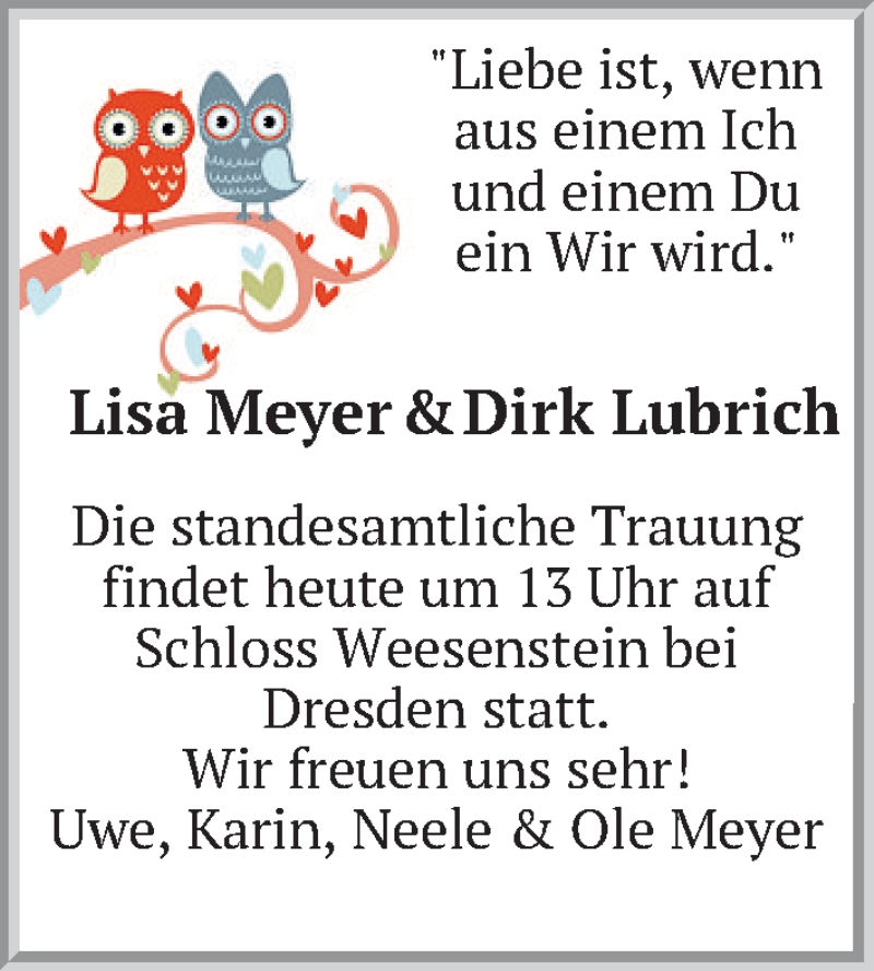 Hochzeitsanzeige von Lisa Meyer von WESER-KURIER