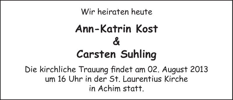 Hochzeitsanzeige von Ann-Katrin Kost von WESER-KURIER