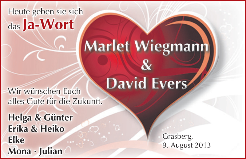 Hochzeitsanzeige von Marlet Wiegmann von WESER-KURIER
