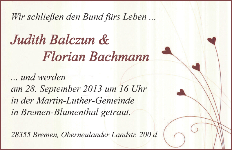 Hochzeitsanzeige von Judith Balczun von WESER-KURIER