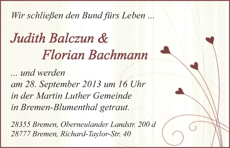 Hochzeitsanzeige von Judith Balczun von WESER-KURIER