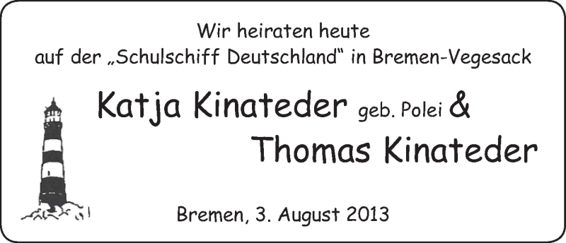 Hochzeitsanzeige von Katja Kinateder von WESER-KURIER