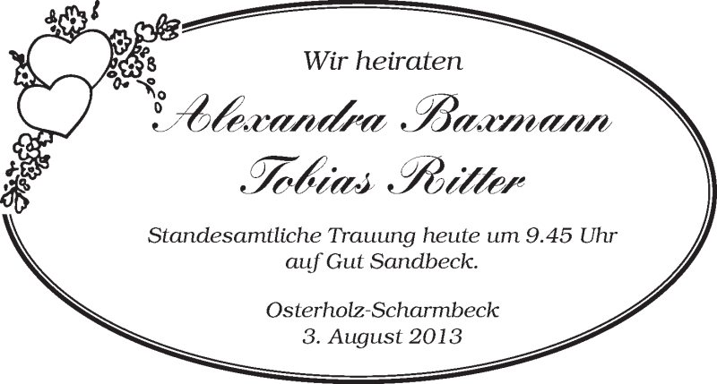 Hochzeitsanzeige von Alexandra Baxmann von WESER-KURIER