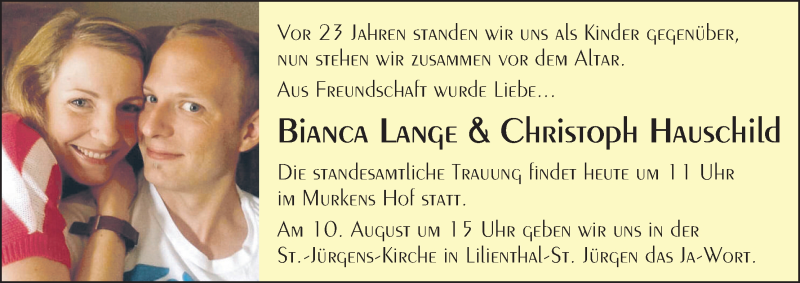Hochzeitsanzeige von Bianca Lange von WESER-KURIER
