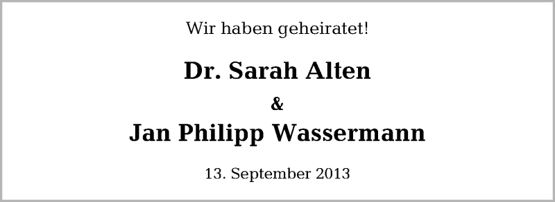 Hochzeitsanzeige von Sarah Alten von WESER-KURIER