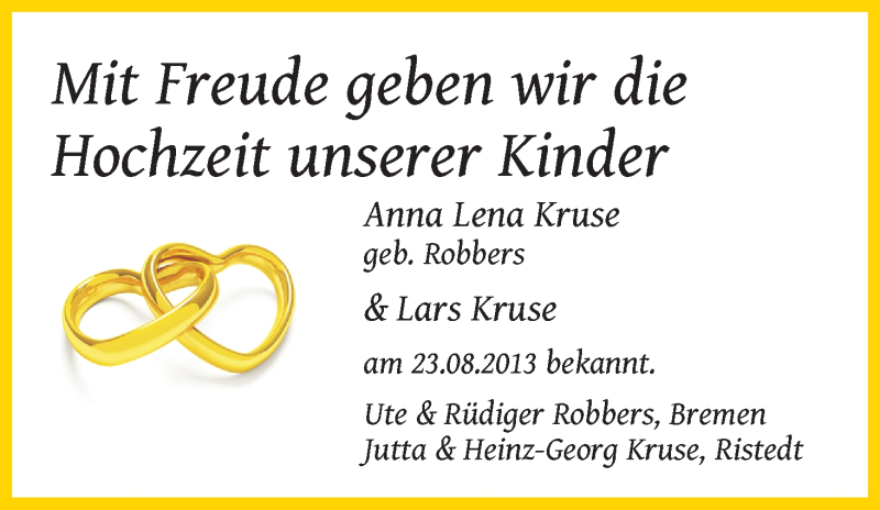 Hochzeitsanzeige von Anna Lena Kruse von WESER-KURIER