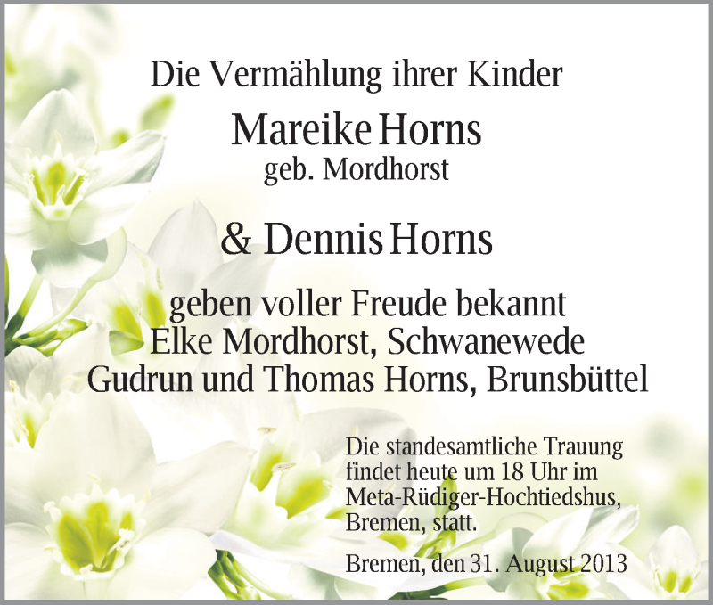 Hochzeitsanzeige von Mareike Horns von WESER-KURIER