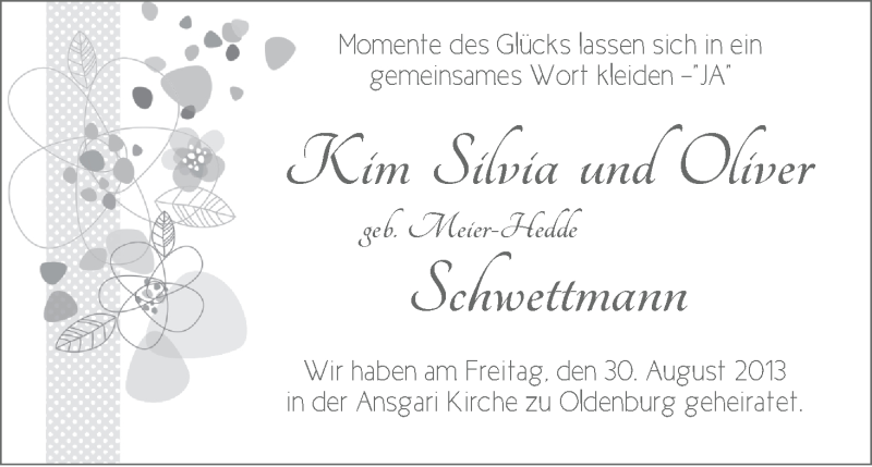 Hochzeitsanzeige von Kim Silvia Schwettmann von WESER-KURIER