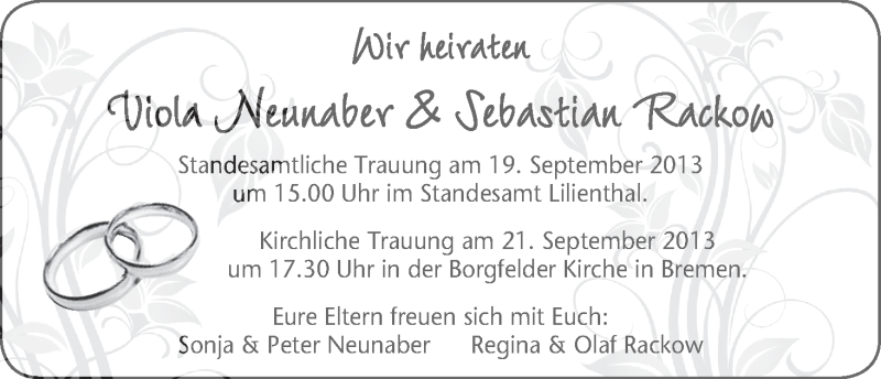 Hochzeitsanzeige von Viola Neunaber von WESER-KURIER