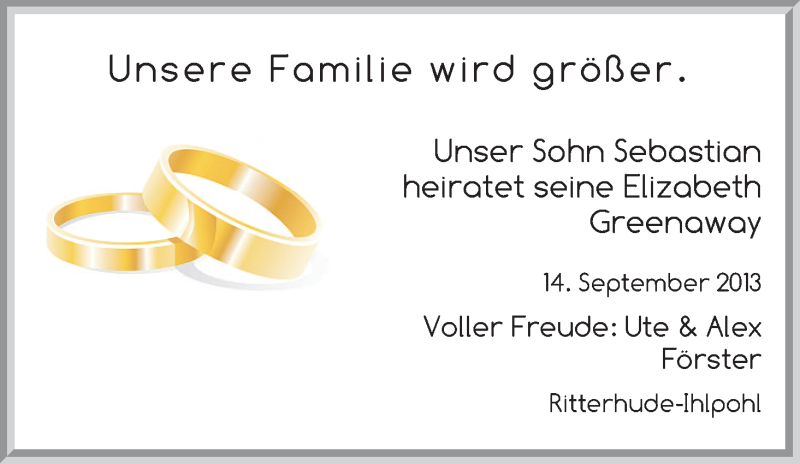 Hochzeitsanzeige von Sebastian Förster von WESER-KURIER