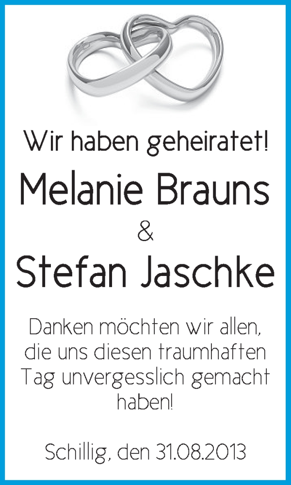 Hochzeitsanzeige von Melanie Brauns von WESER-KURIER